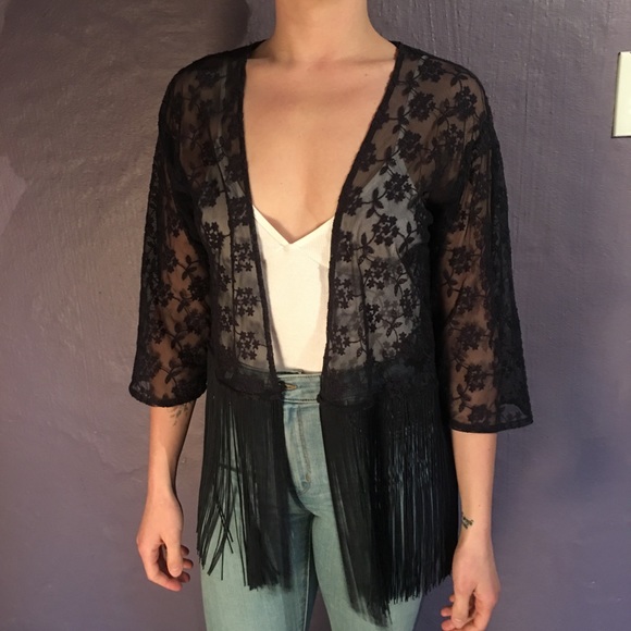 Sheer cardigan floral embroidery and fringe - Picture 1 of 3